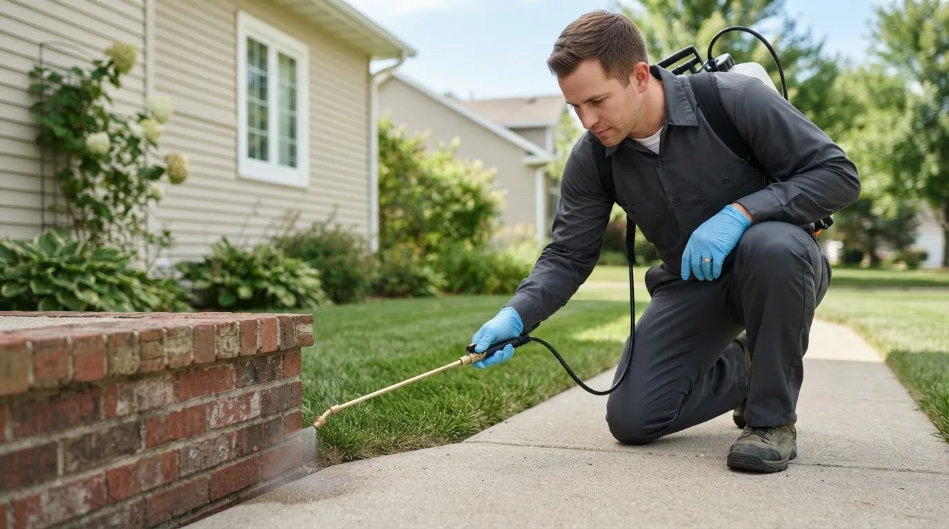 Pest control technician treating a home near Helotes, TX
