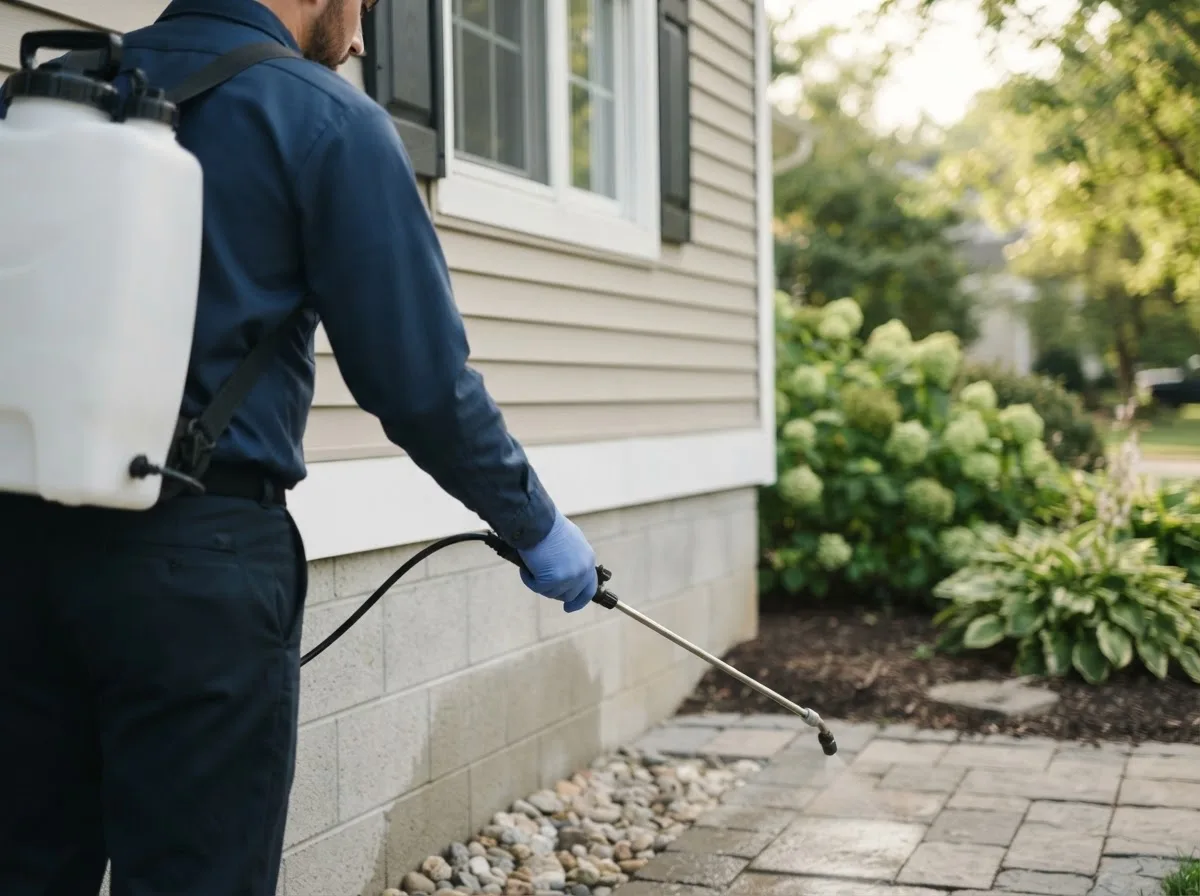 Pest control technician inspecting a home in Helotes, TX